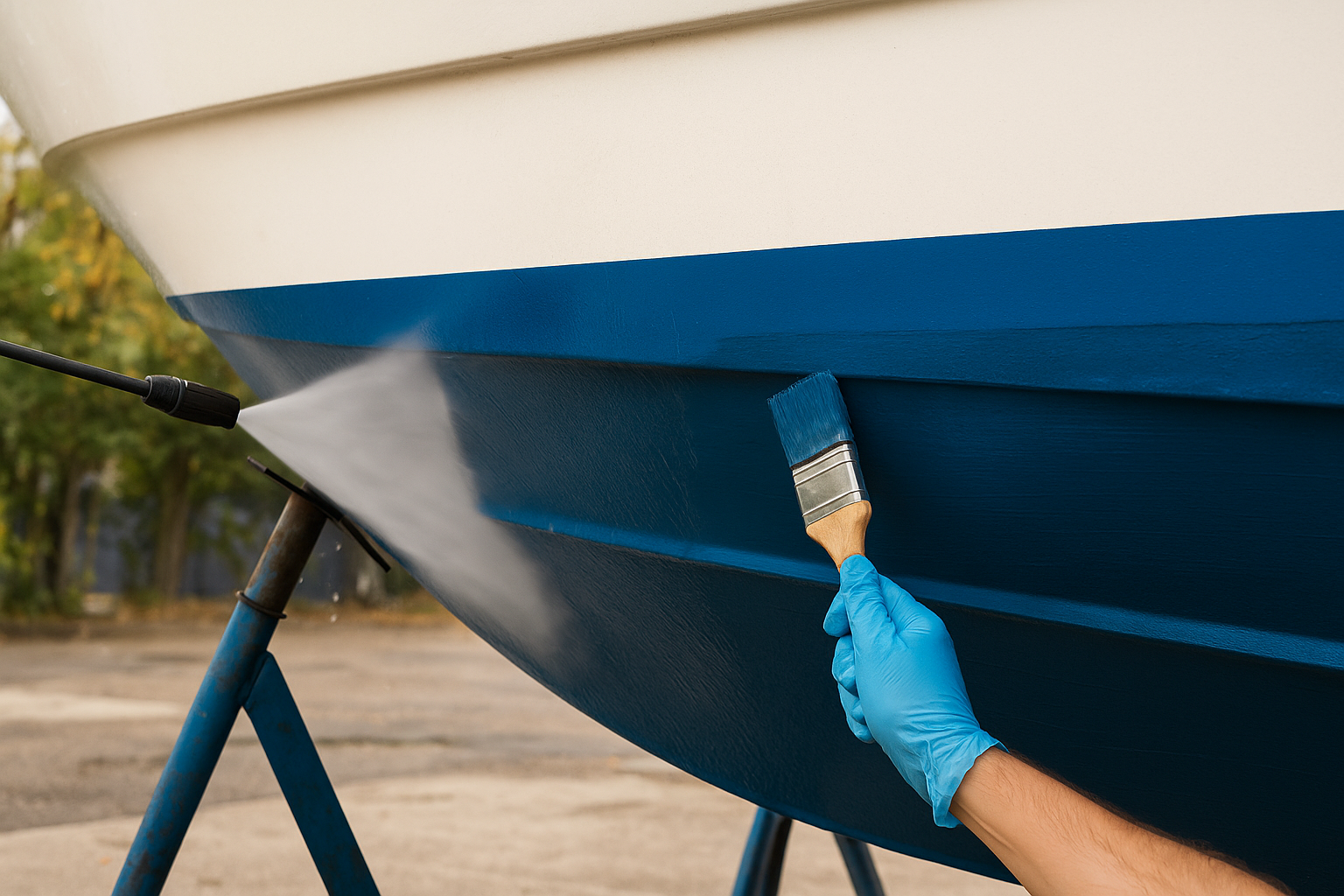 Application d’une peinture antifouling sur la coque d’un bateau à sec lors de l’hivernage.
