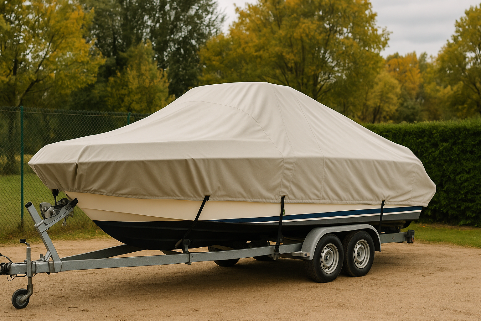 Bateau à moteur protégé sous bâche respirante pendant l’hiver, prêt pour la reprise au printemps.