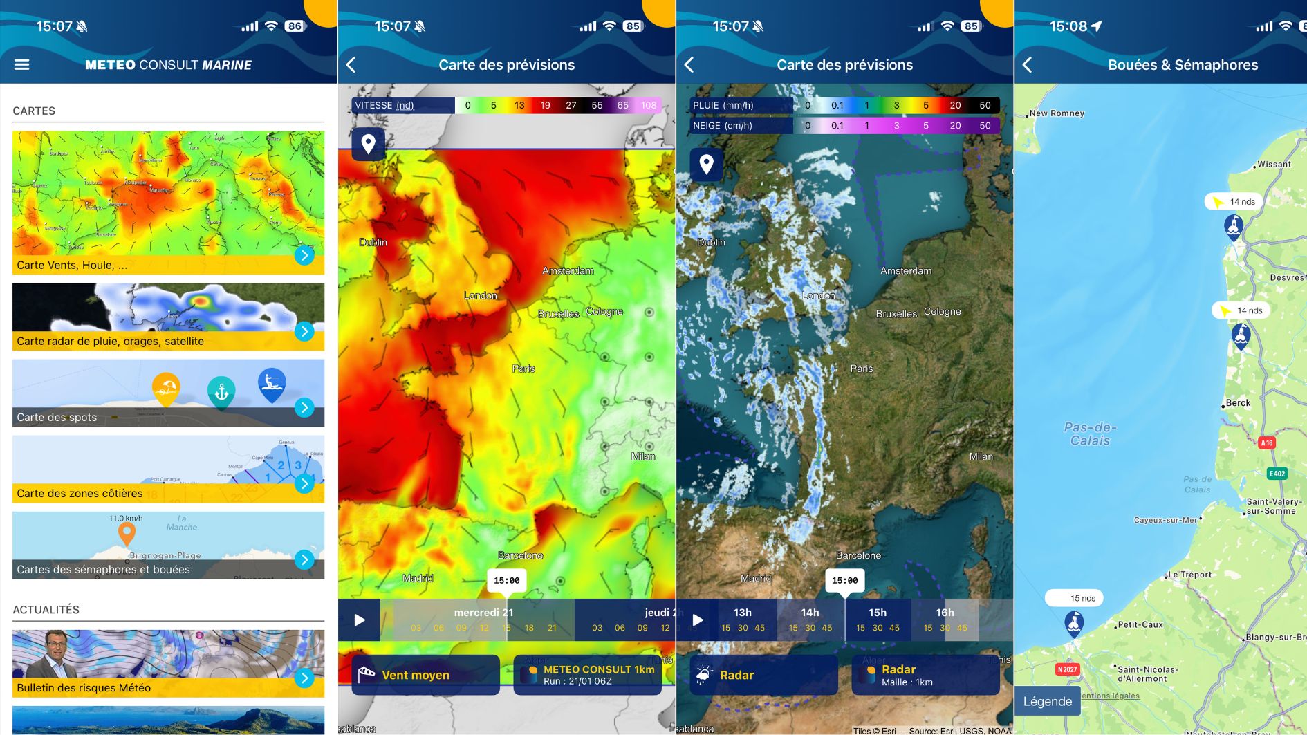 Montage captures d'écran Météo Consult Marine : prévisions vent moyen, rafales et état de la mer pour la navigation