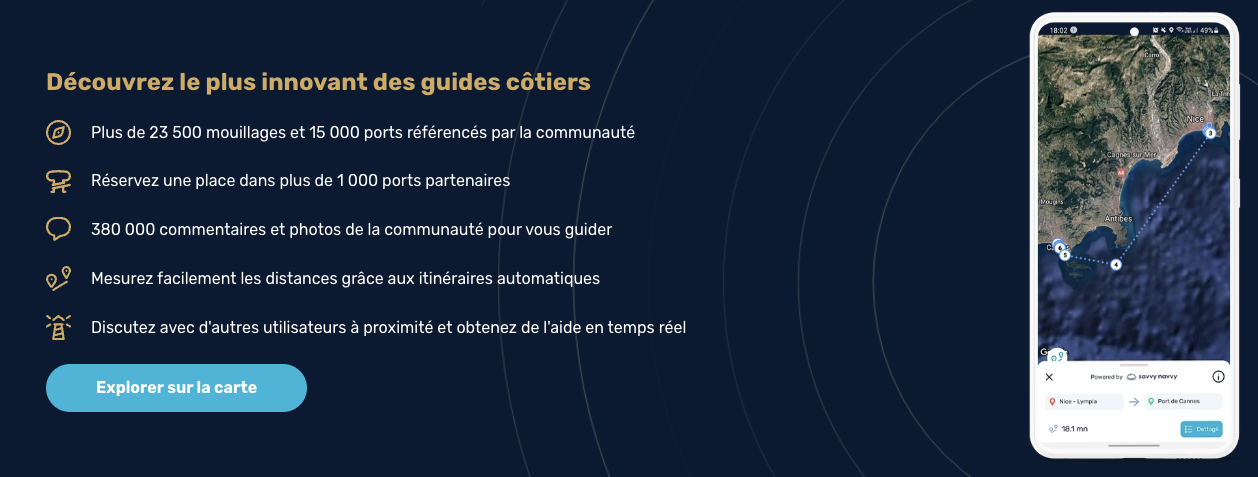 Carte des mouillages et avis communautaires sur l'interface Navily, le guide côtier participatif