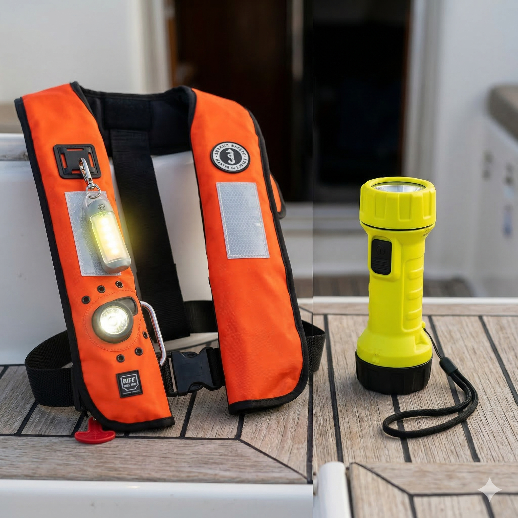 Gilet de sauvetage avec feu individuel et lampe torche étanche collective - Équipement de sécurité obligatoire permis bateau