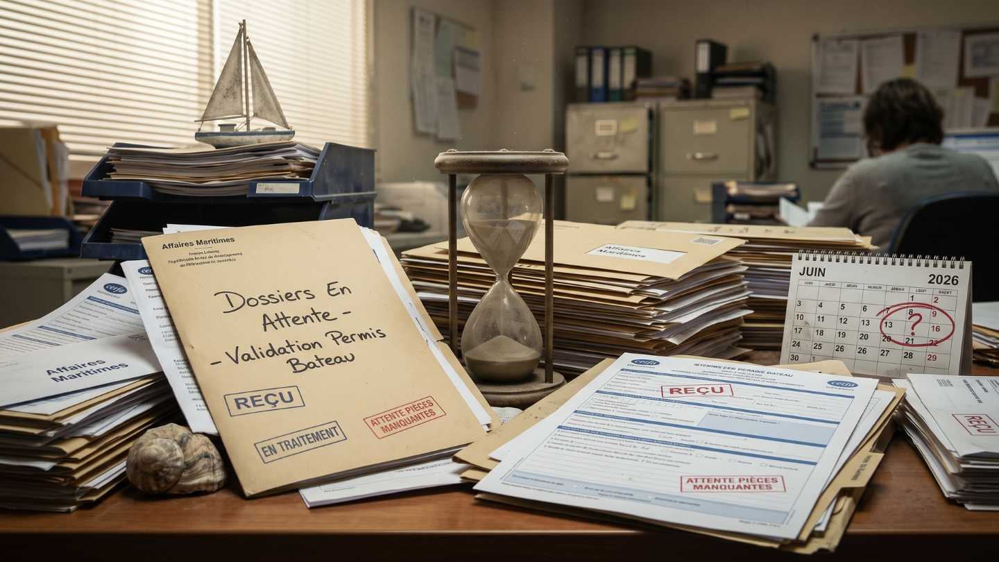 Pile de dossiers d'inscription et sablier illustrant le temps de traitement administratif par les Affaires Maritimes pour le permis bateau.