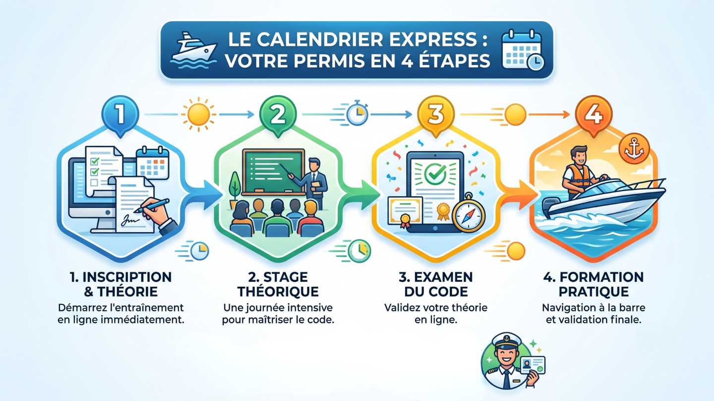 Infographie illustrant les 4 étapes rapides pour passer son permis bateau avant l'été : inscription, stage théorique, examen du code et formation pratique.
