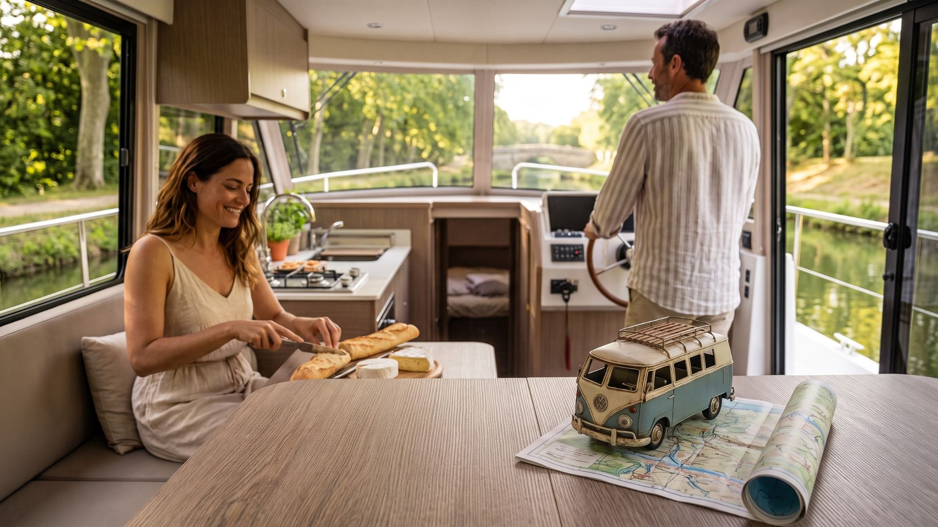 Vue intérieure chaleureuse d'un bateau habitable tout confort : une femme prépare à manger sur une table où est posé un combi VW miniature, tandis que le capitaine tient la barre. Ambiance boat life avec permis fluvial.