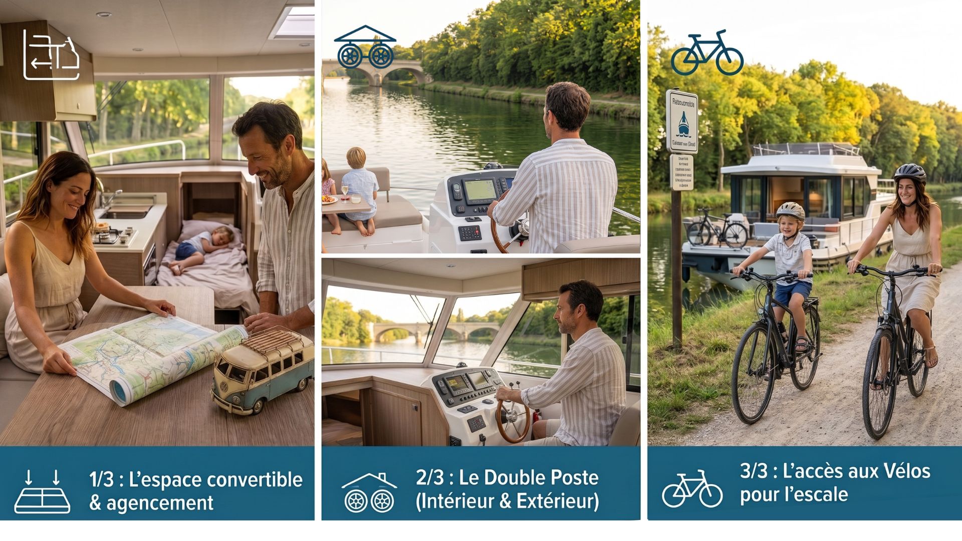Comparatif illustré pour choisir son bateau de vacances : un habitacle spacieux avec lit convertible, un double poste de pilotage intérieur et extérieur face à la route, et un accès facile pour descendre les vélos sur le chemin de halage.