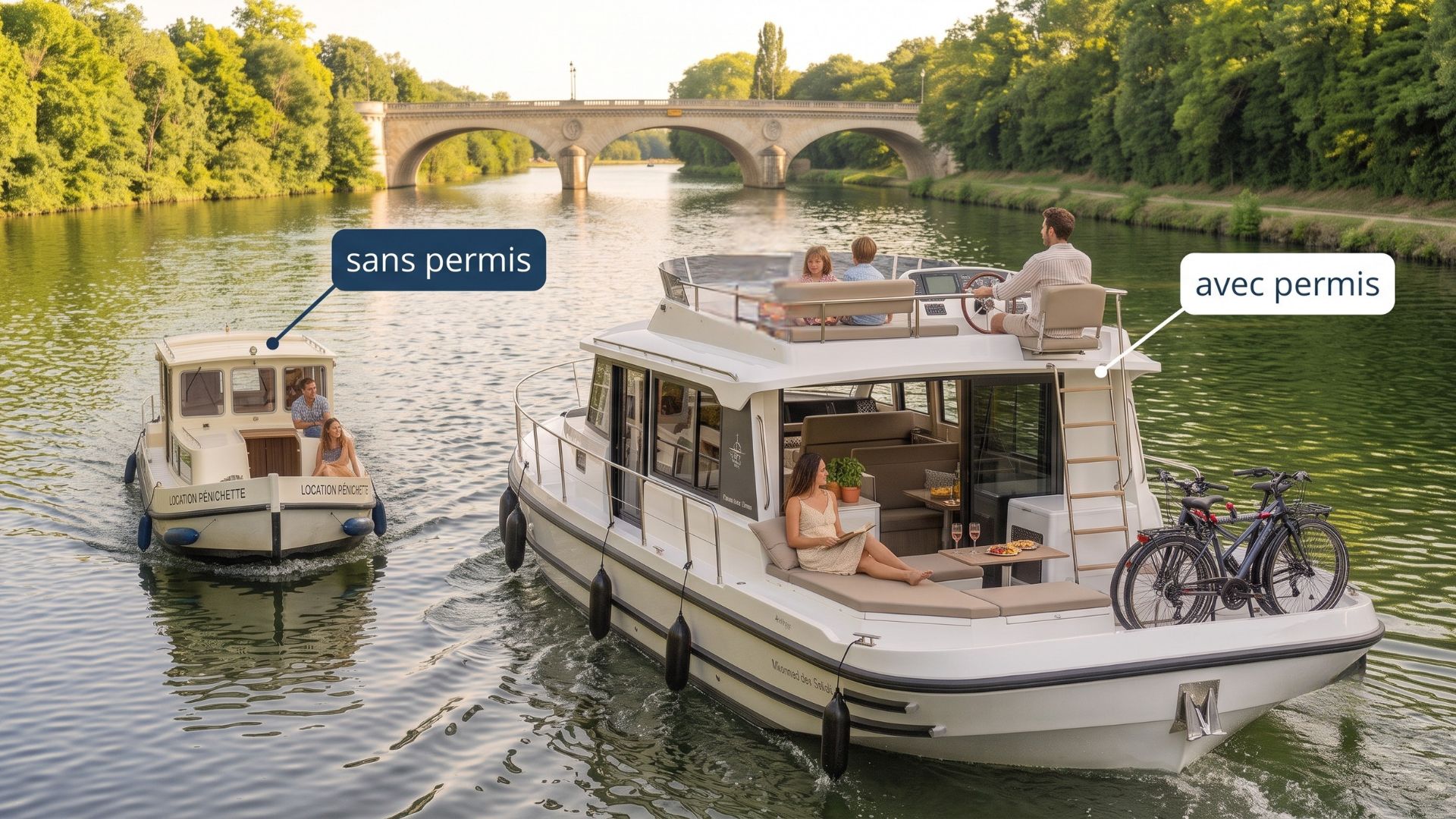 Comparaison sur une rivière entre une petite pénichette de location sans permis et un grand bateau de plaisance habitable nécessitant le permis fluvial.