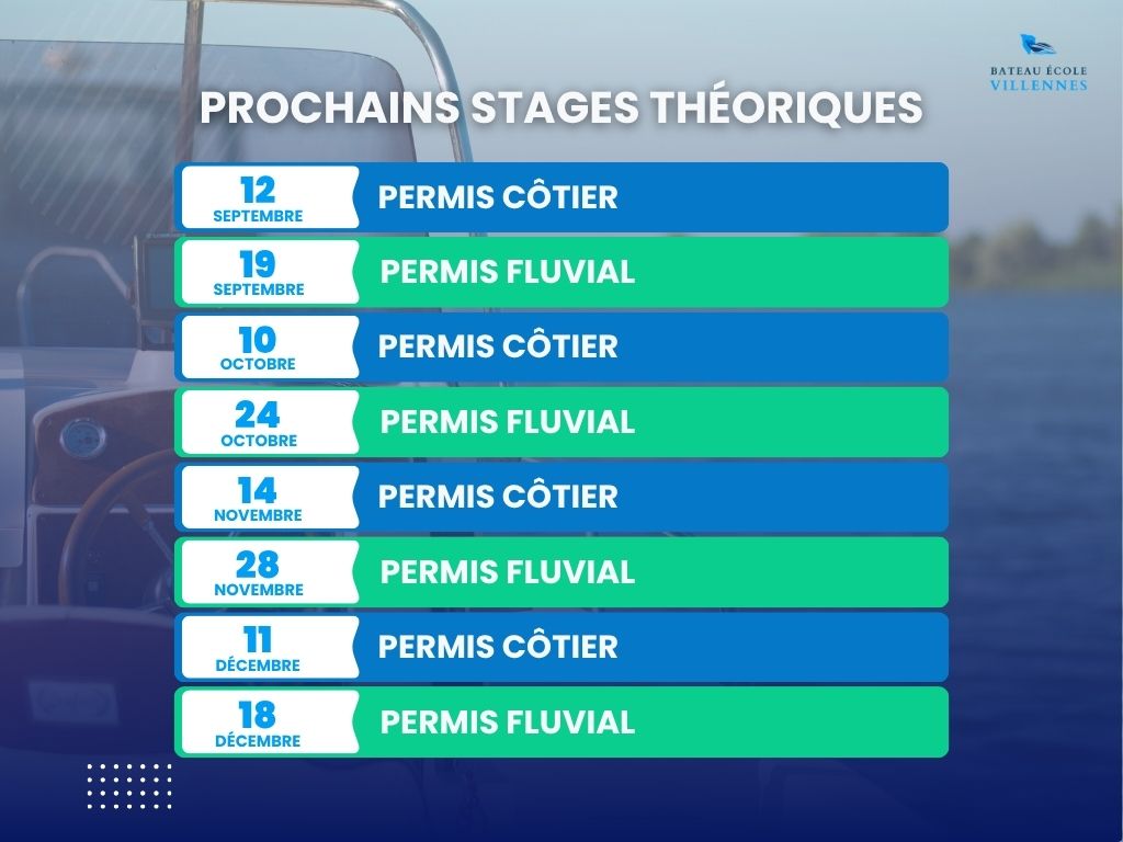 Planning des dates de stages théoriques pour le permis bateau côtier et fluvial de septembre à décembre au Bateau École de Villennes-sur-Seine.