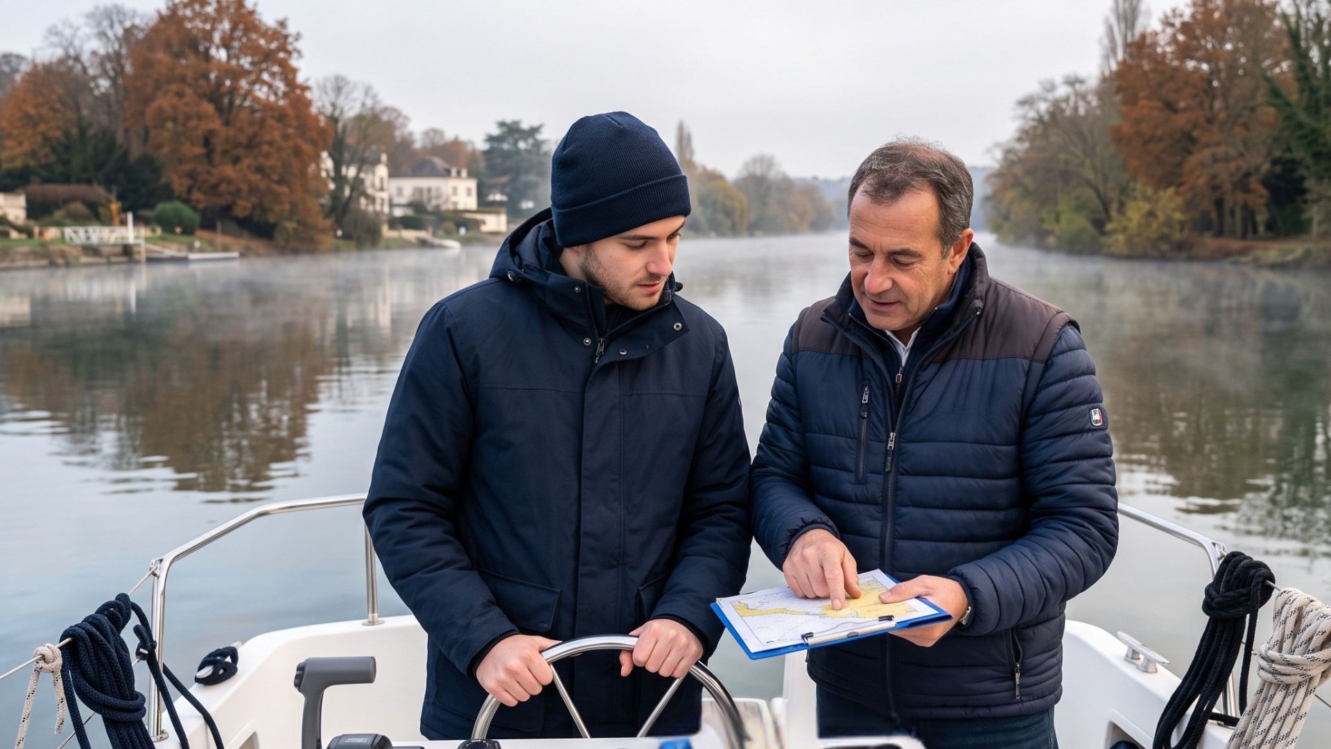 Le moniteur Éric donne un cours de navigation pratique à un élève sur la Seine à Villennes-sur-Seine lors d'une journée calme d'automne.