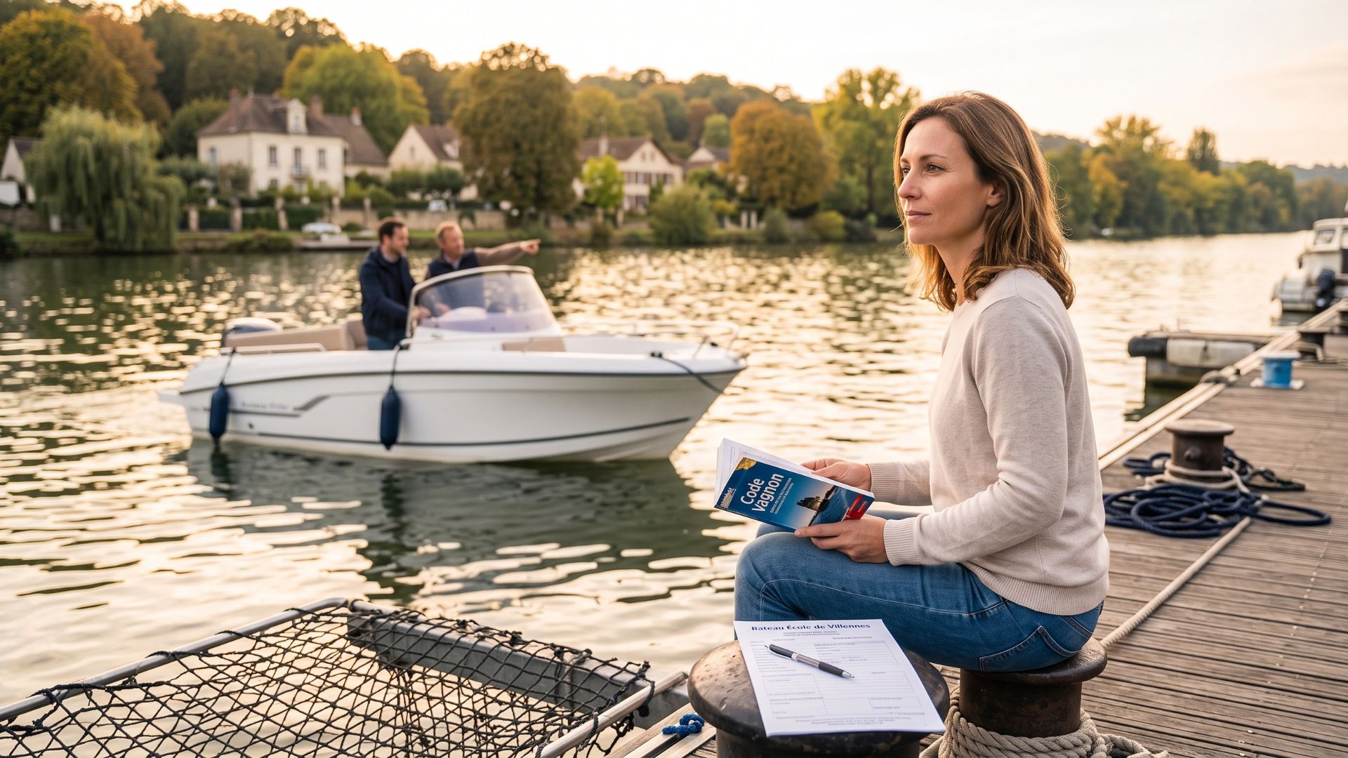 Une femme assise sur un ponton à Villennes-sur-Seine prépare son permis bateau en lisant le Code Vagnon, avec un bateau en navigation sur la Seine en arrière-plan.
