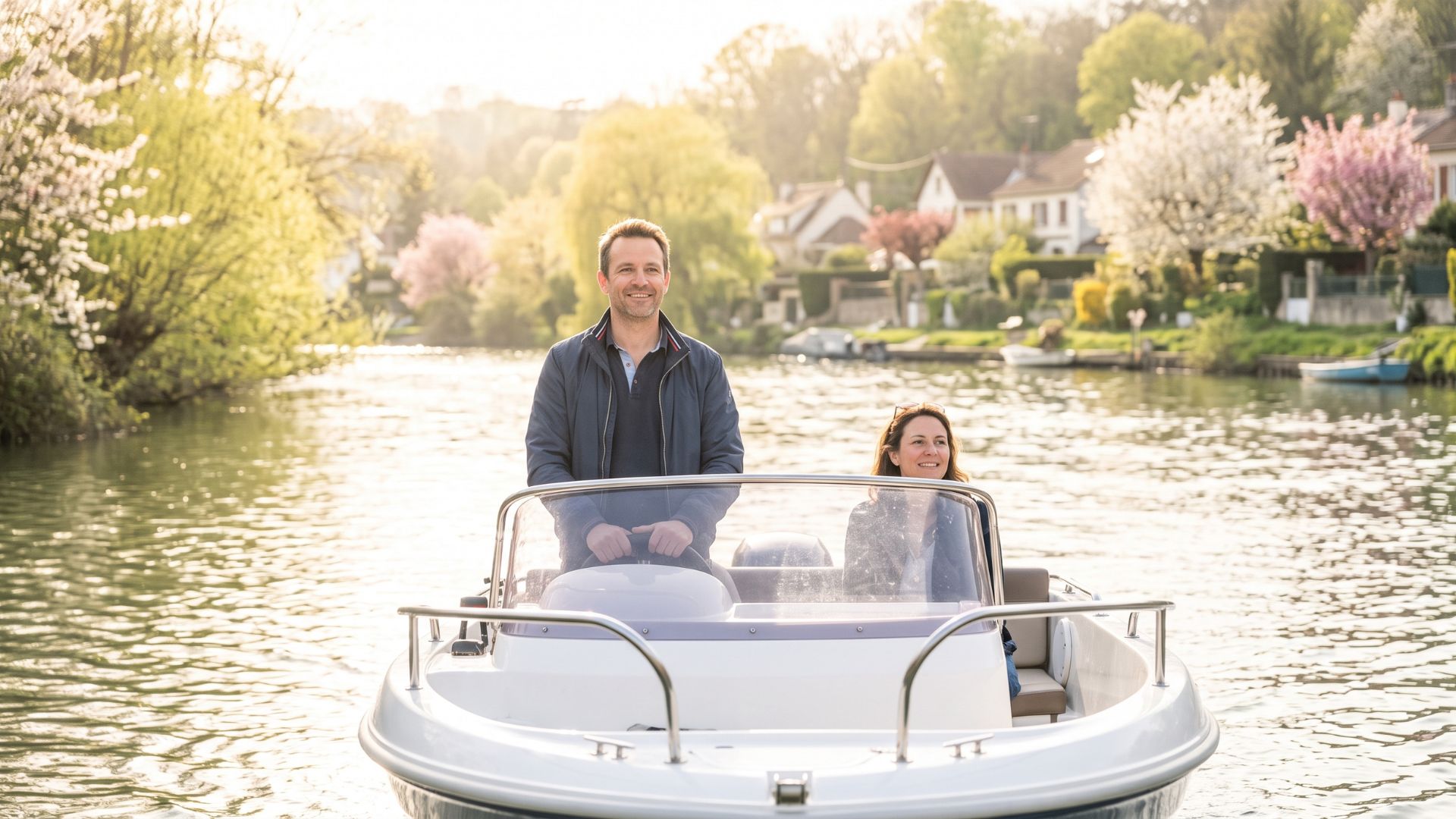 Un homme et une femme souriants naviguent en bateau sur la Seine à Villennes-sur-Seine au printemps au coucher du soleil, illustrant la sérénité.
